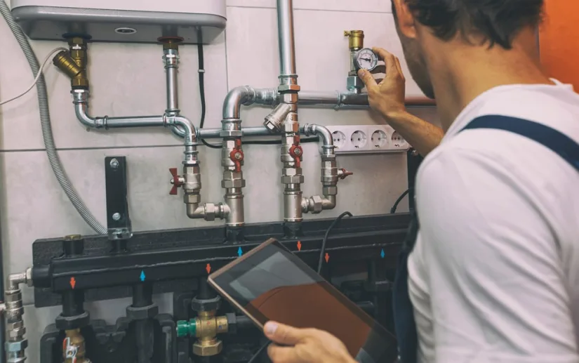 Plumber Checking Pressure On A Pressure Gauge