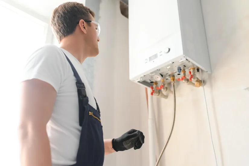A professional plumber checking a boiler image